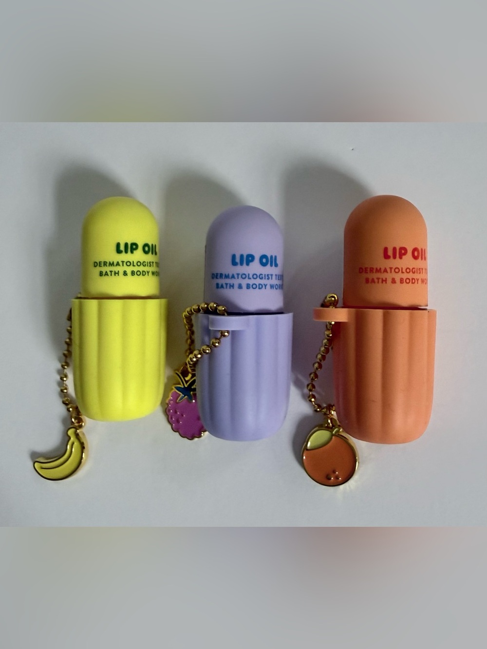 NWT Bath & Body Works Lip Oil Set of 3 Fruit Charm Keychains